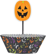 Pumpkin Print Jack O&#39;Lantern Cupcake Kit 24 Baking Liners Picks - £2.93 GBP