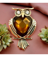 Napier Signed Gold Owl Statement  Amber Color Belly Crystal Eyes Brooch ... - $56.09