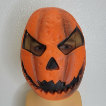 Rubber Halloween Pumpkin Face Mask Orange Black Creepy Scary Elastic Strap - £11.82 GBP