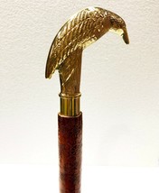 Vintage Walking Stick Brass Bird Handle Brown Leather Wooden Cane Handmade - £31.87 GBP