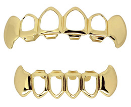 Fangs Open Face Custom Fit 14k Gold Plated Top Bottom Set Teeth Grillz - £7.81 GBP