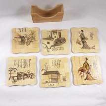 Vintage 6 Piece Chinese Wood Burning Paintings Bamboo Coasters Cup Holder Set - £13.18 GBP