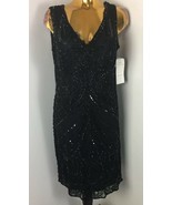 Pisarro Nights Embellished Beaded Double V-Neck Navy SleeveLess Short Dr... - $108.90