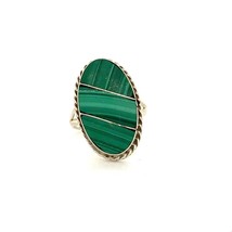 Vintage Signed Sterling Silver Mexico Inlay Malachite Stone Oval Ring Band 8 1/4 - £35.60 GBP