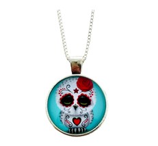 Sugar Skull Necklace Dia De Muertos Owl Domed Glass 20&quot; Sterling Silver Chain - £7.50 GBP