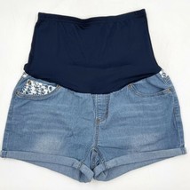 Times Two Maternity Jean Shorts Size Medium Blue Full Panel Crochet Lace... - $23.76