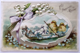 Easter Postcard Fantasy Baby Chicks Rowing Canoe Boat Forget Me Nots Embossed - £8.22 GBP