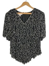 Vintage 1970s Laurence Kazar Beaded Evening Top Black Silver Holiday Party M L - £52.07 GBP