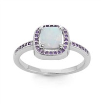 Square White Inlay Opal with Amethyst Micro Pave CZ Border Ring - £36.56 GBP