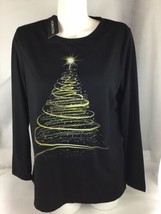 NWT Black Ladies Top Sz Medium With Swirled Christmas Tree In Gold Long ... - $16.83