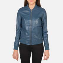 LE Bliss Women Blue Leather Bomber Jacket - £111.37 GBP+