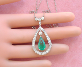 Estate Deco 2ct Emerald Pear Drop 1.50ctw Diamond Cocktail Pendant Necklace - £3,284.70 GBP