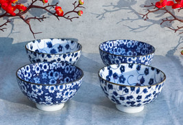 Made In Japan Blue White Floral Rice Soup Cereal Porcelain Bowls 12oz Set of 4 - £29.10 GBP