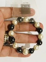 Wide Black Bead &amp; White Baroque Faux Pearl Stretch Brace 2.5” Across - £7.98 GBP