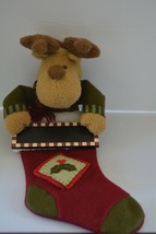 Primitive Christmas Stocking Plush Moose Deer Name Sign Burgundy Green 24&quot;   - £16.70 GBP