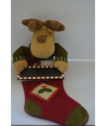 Primitive Christmas Stocking Plush Moose Deer Name Sign Burgundy Green 2... - £16.75 GBP