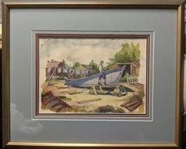 Original Byron Ward Watercolor Painting Fishing Community &amp; Working on Boat - £91.56 GBP