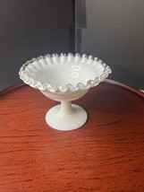 Vintage Fenton Silver Crest Ruffled Edge Compote Milk Glass Pedestal Candy Dish - £9.95 GBP