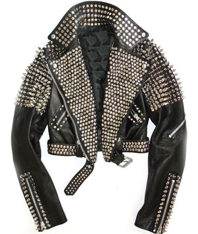 New Long Studded Spiked Jacket Handmade Women Black Leather Rock Punk Studs and