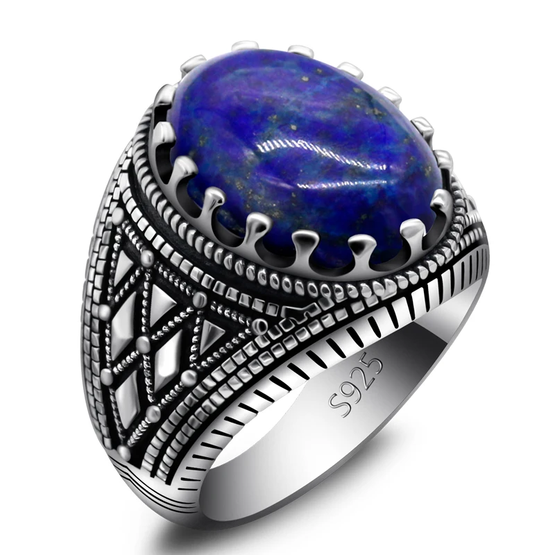 Turkish Ring for Men 925 Sterling Silver Vintage Lapis Lazuli Stone with Stripe  - £53.17 GBP