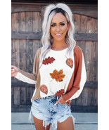 Apricot Thanksgiving Sequin Fall Leaves Graphic Colorblock Ribbed Knit Top - $30.39 CAD