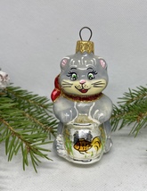 Silver cat with a fish glass Christmas handmade ornament, Christmas decoration - £11.38 GBP