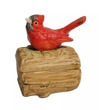 Vintage Cardinal Sitting on Log Trinket Box Bisque Porcelain Red Bird EUC - £10.11 GBP