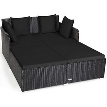 Spacious Outdoor Rattan Daybed with Upholstered Cushions and Pillows-Black - Col - $304.99