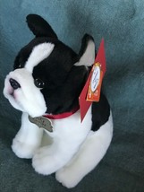 FAO Schwarz Adopt A Pets Plush Black &amp; White Realistic Sitting Bulldog Dog Stuff - £22.53 GBP