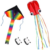 2 Pack Kites - Large Rainbow Kite And Red Mollusc Octopus With Long Colorful Tai - £22.37 GBP