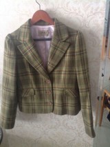 NWOT Juicy Couture Houndstooth Brown &amp; Green Plaid Wool Blend Blazer SZ M - £59.35 GBP