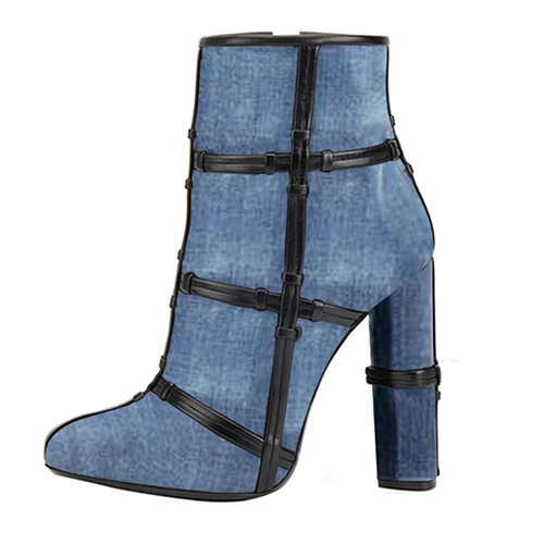 Woman Jean Blue Block High Heel boy Boots Pointed Toe Female Comfortable Black A - £164.78 GBP