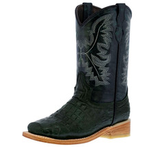 Kids Unisex Western Boots Alligator Pattern Leather Green Square Toe Botas - £43.38 GBP