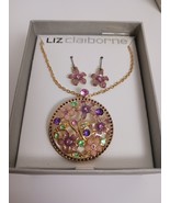 NEW Liz ClaibornNecklace Earrings Set French Hook Gold Tone Purple Flora... - $434.30 MXN