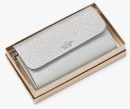 Kate Spade Glimmer Boxed Medium Flap Wristlet Silver Wallet KE447 NWT $199 MSRP - £54.48 GBP