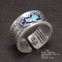 Real S999 Sterling Silver Lotus Fish Ring for Men and Women Enamel Bluing Sutra  - £44.64 GBP