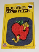 Blue Denim Embroidered Iron On Patch ~ Yellow Worm in Red Apple - £6.33 GBP