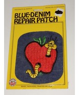 Blue Denim Embroidered Iron On Patch ~ Yellow Worm in Red Apple