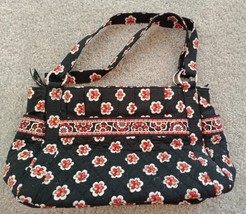 Vera Bradley Black Orange Red Quilted Floral Tote / Handbag 16&quot; X 9&quot; Pla... - $23.61
