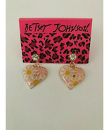 Betsey Johnson Gold Alloy Pink Enamel Heart Flower Crystal Post Earrings - £7.07 GBP