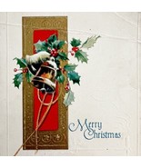 Christmas Victorian Greeting Card Holly Bells Embossed 1900s Postcard PC... - $27.34 CAD