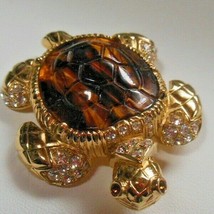 Vintage Signed CINER Gold Plated Brown Glass &amp; Clear Rhinestone Turtle Brooch - £112.49 GBP