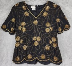 Stenay Shirt Womens XL Black Silk Gold Floral Sequined 80s Vintage Blouse - £33.23 GBP