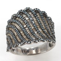 Sterling Silver Diagonal Rows Blue &amp; White Diamond 3/4&quot; Wide Band Ring Sz 10.75 - £47.17 GBP