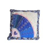 Quilted Blue Rose Embroidered Tatted Fan pattern Throw Pillow - Estate Find - $27.99