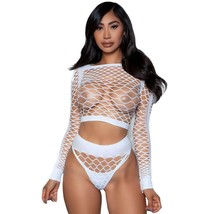 Diamond Net Crop Top Booty Shorts Set High Neck Long Sleeves Cut Outs Wh... - $24.74+