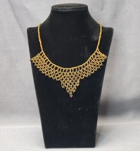 Beaded Mesh Necklace Woven Choker Collar Necklace 18&quot; Gold &amp; Black Seed Beads - £16.61 GBP