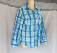 Lauren Jeans Co  LRL shirt top  button up  Medium blue plaid  long tab sleeves - £12.47 GBP