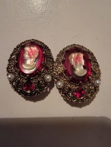 Vintage West Germany Earrings Gold Tone Cameo Clip On Pearl Red Gemstone - $144.06