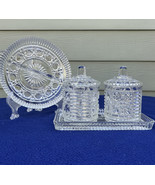 Federal Glass Button &amp; Cane Windsor crystal jar salsa set w tray and rel... - $34.17 CAD